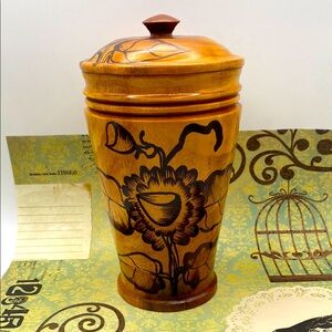 Vintage Hand-Crafted Floral Wooden Lidded Canister Apothecary Stash Jar
